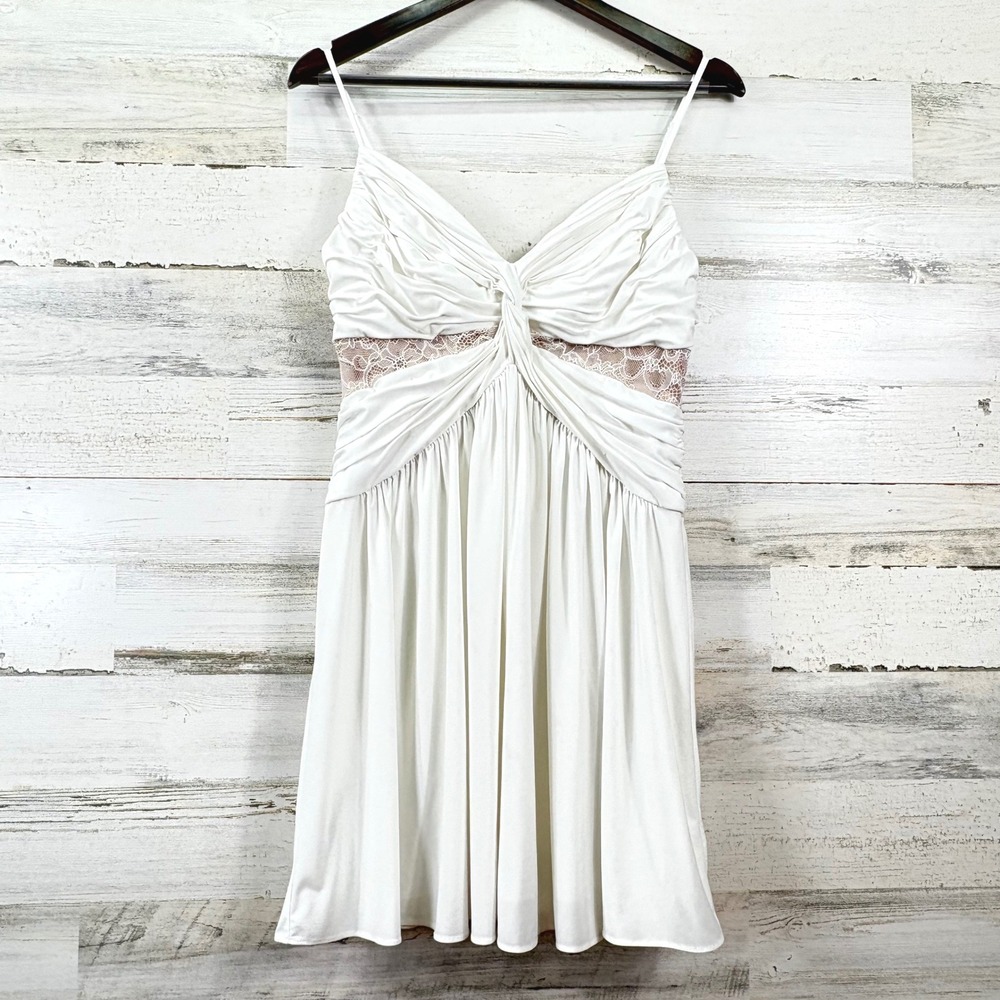 BCBGMAXAZRIA Elice Dress Womens 6 White Lace Cut Out Ruched Mini Coquette Chic